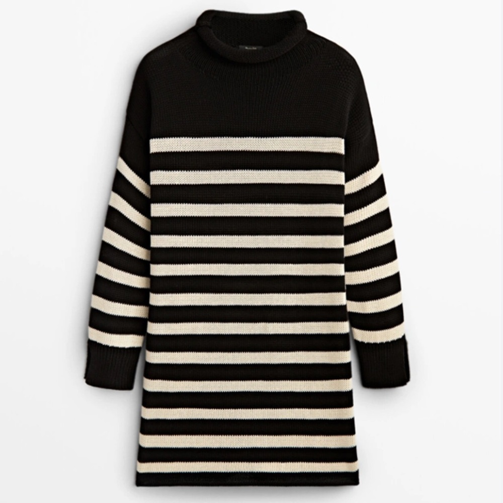 Massimo Dutti Striped Turtleneck Sweater Dress Cotton Black & Cream Size Large